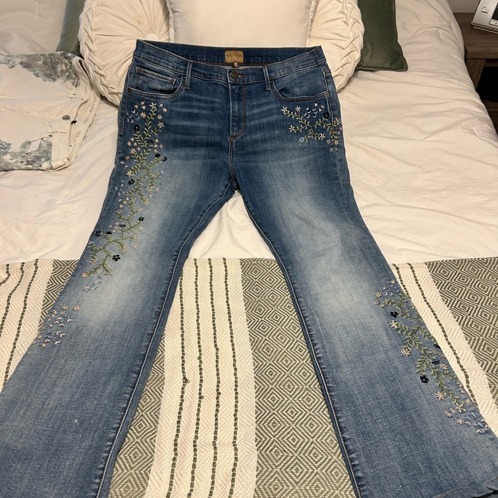DRIFTWOOD Blue Flare Jeans with Floral Embroidery